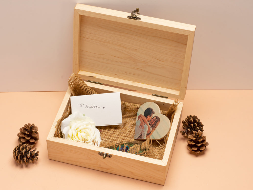 Handmade Keepsake Wood Memory Box | Personalized Text, Names Engraved | Boho Arrow Feathers