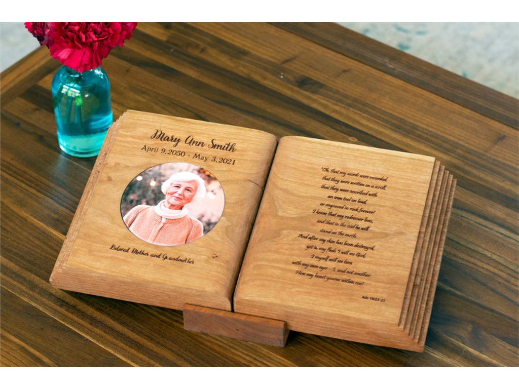 Memorial Book - Solid Wood Bible with Personalized Verse, Photo, Keepsake Sharing Urn
