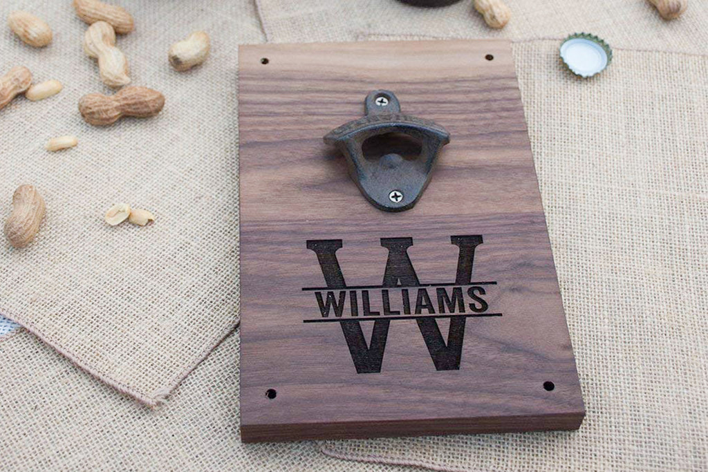 Engraved Walnut Wood Beer Bottle Opener Wall Mount - Personalized Monogram Initial and Name - Cades and Birch 