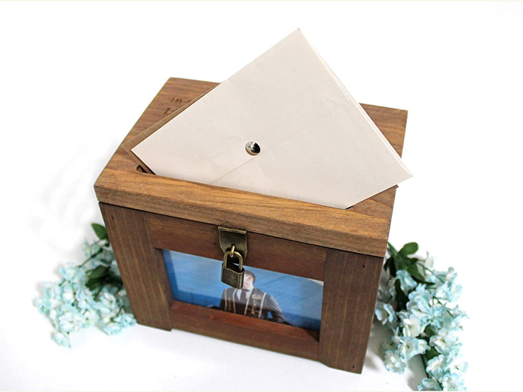 Graduation Card Box with Picture | Personalize Name, Text | Wood Lock Box - Cades and Birch 