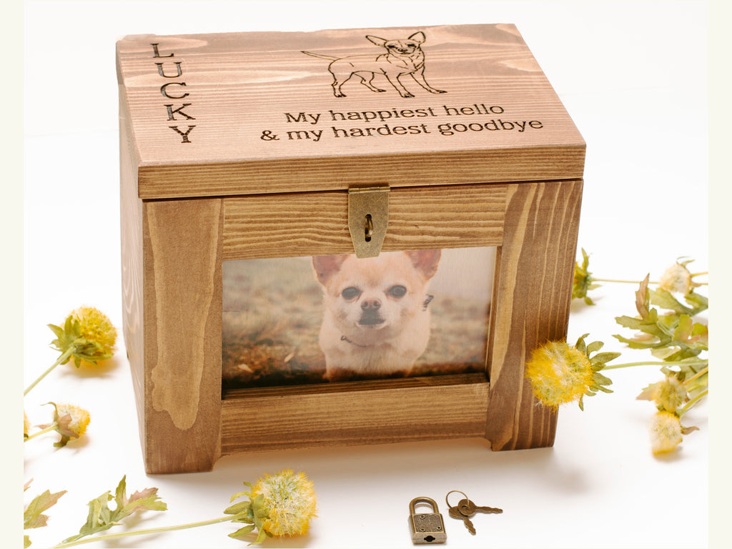 Personalized Pet Memory Box / Urn with Name and Text with Dog Breed Picture Option