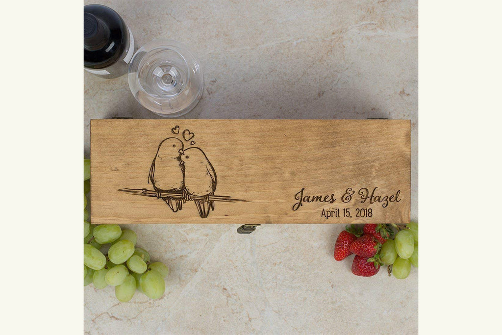 Engraved Wine Box - Love Birds - Personalized with First Names and Date - Cades and Birch 