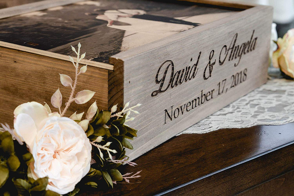 Wine and Letter Box Keepsake for Wedding Ceremony, Custom Photo on Wood Lid with First Names & Date Engraved on Side - Cades and Birch 