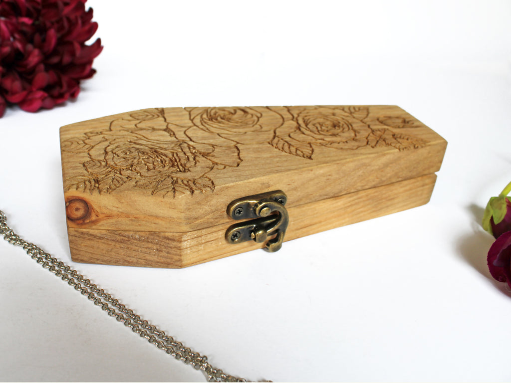 Coffin Ring Bearer Pillow Box - Gothic Roses Engraved | Personalize Option - Cades and Birch 