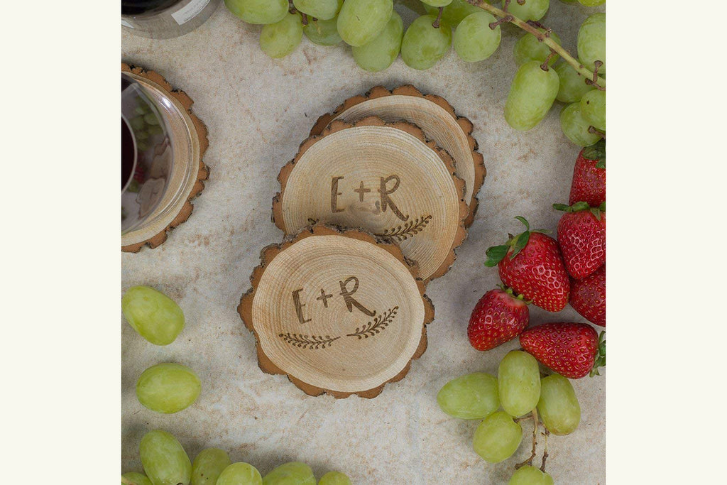 Rustic Tree Slice Coaster Set - Initials with Wreath, Personalized - Cades and Birch 