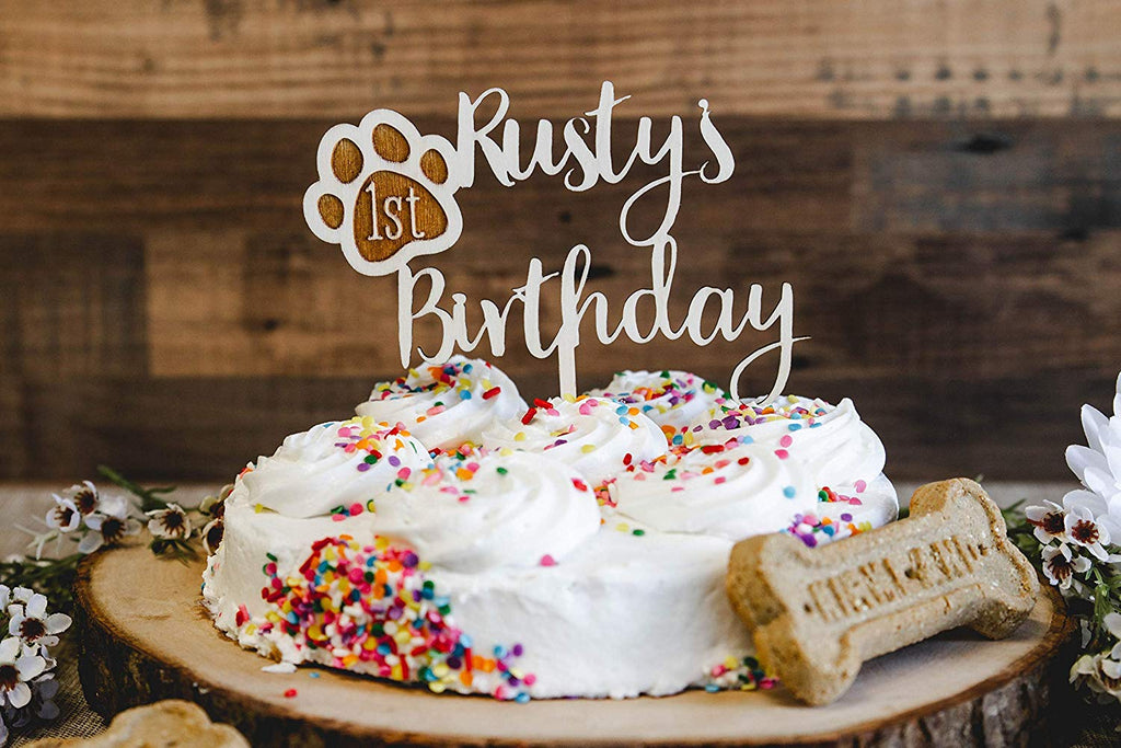 Dog Birthday Wood Cake Topper with Paw Print - Personalized with Name and Year/Age - Cades and Birch 