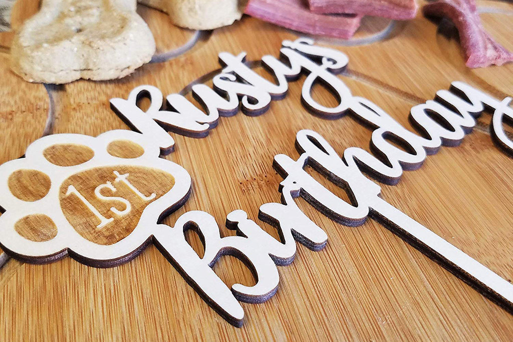 Dog Birthday Wood Cake Topper with Paw Print - Personalized with Name and Year/Age - Cades and Birch 