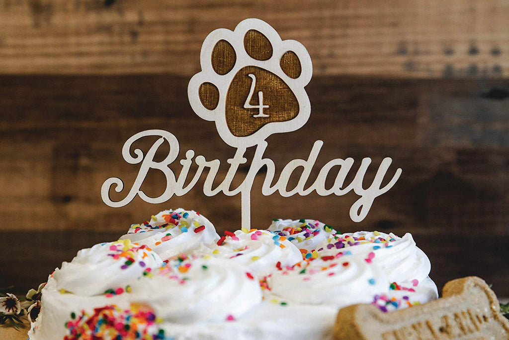 Dog Birthday Wood Cake Topper with Paw Print - Personalized with Year/Age - Cades and Birch 