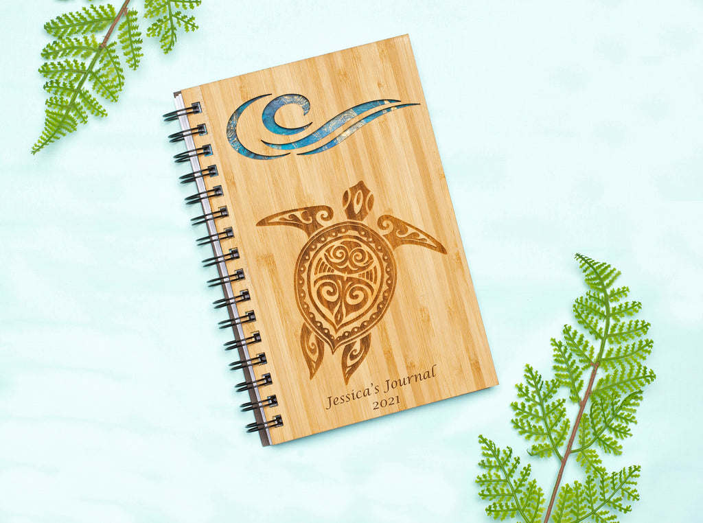 Sea Turtle Ocean Wave Personalized Wood Journal - Cades and Birch 