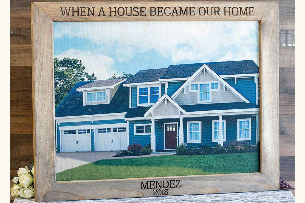 Frame Custom Photo On Wood with Client Last Name and Date Engraved - When A House Became Our Home - Cades and Birch 