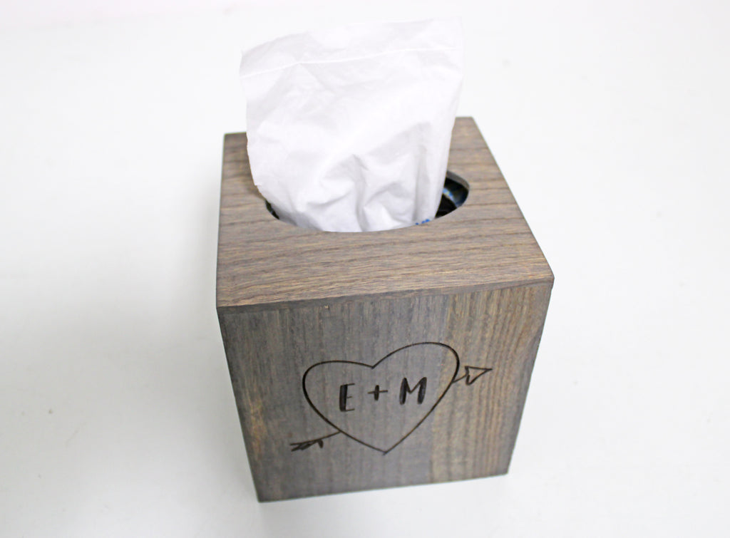 Wood Tissue Box Cover | Initials in Heart with Arrow - Cades and Birch 