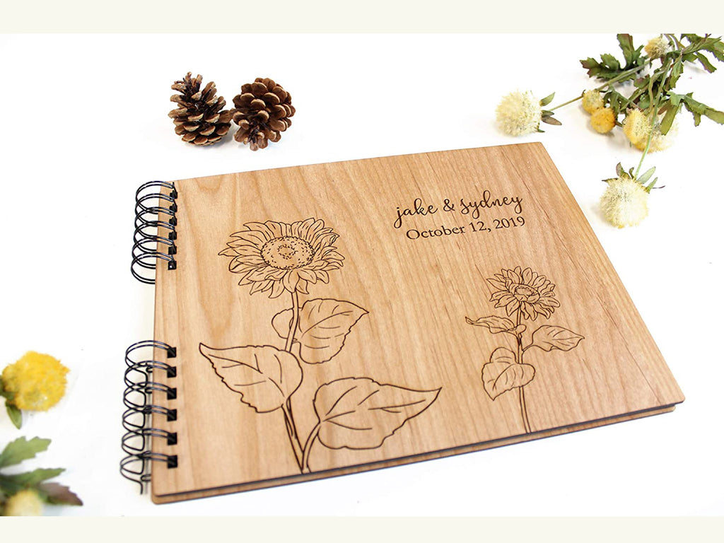 Sunflower Photo Album or Guest Book - Personalized First Names, Date - Cades and Birch 