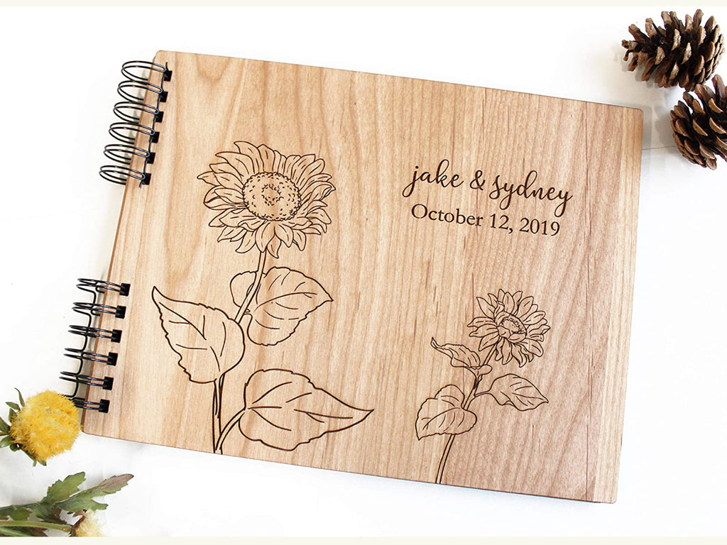 Sunflower Photo Album or Guest Book - Personalized First Names, Date - Cades and Birch 