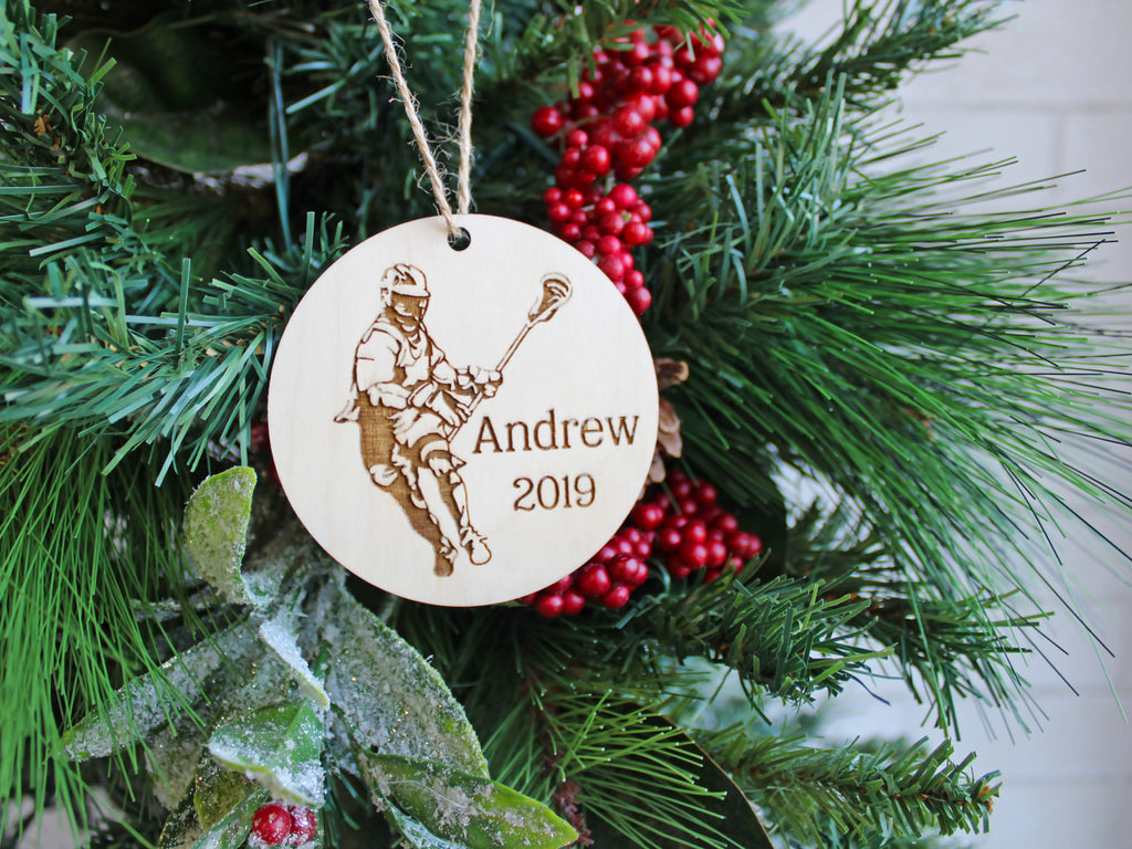 Lacrosse Player Christmas Ornament Wood - Personalized Name Year - Cades and Birch 