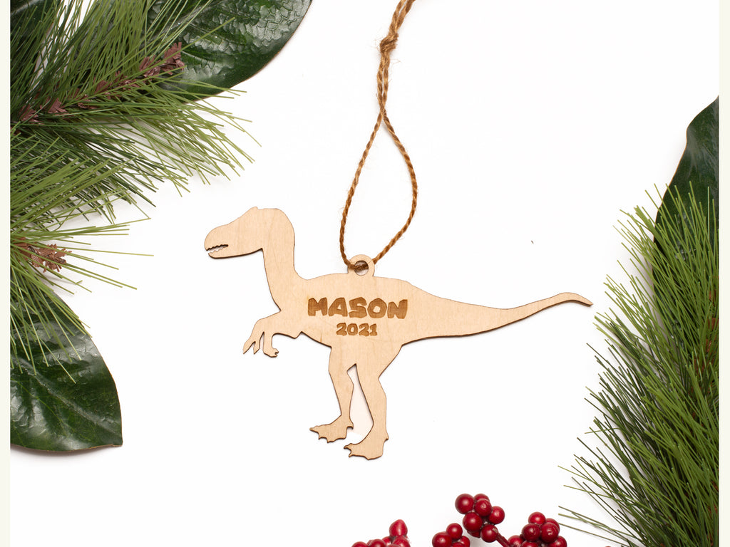 Velociraptor Dinosaur Christmas Ornament Personalized Name Year - Cades and Birch 