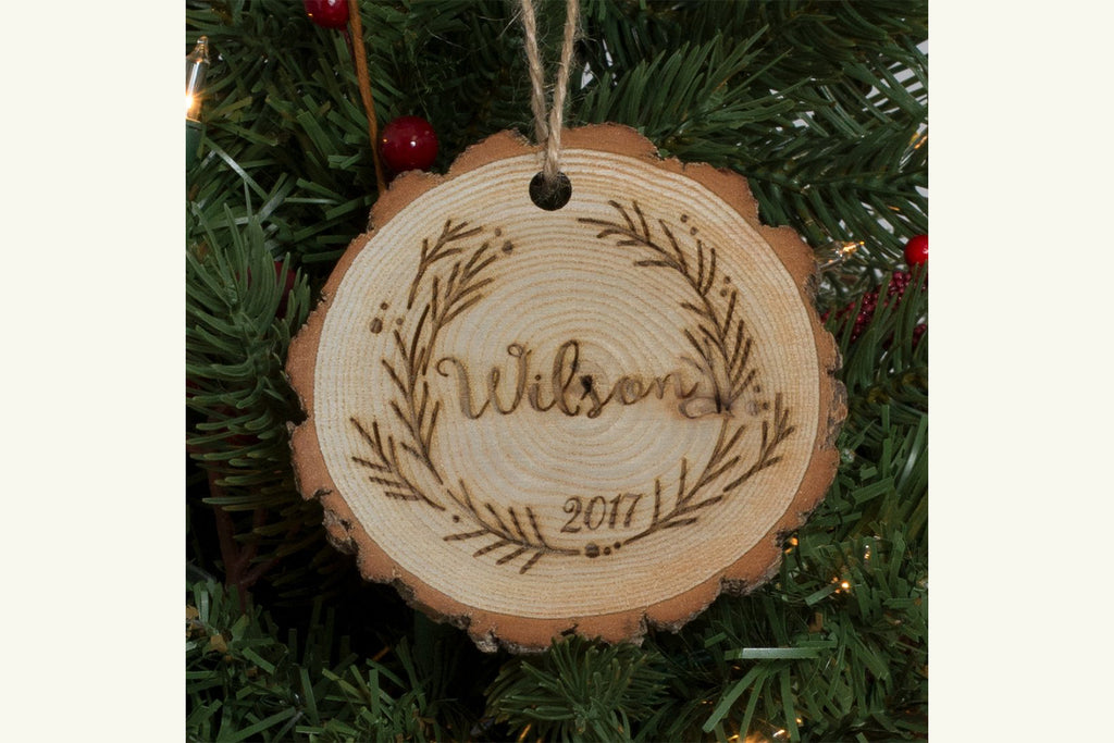 Family Christmas Ornament Engraved Wood - Christmas Wreath, Personalized - Cades and Birch 