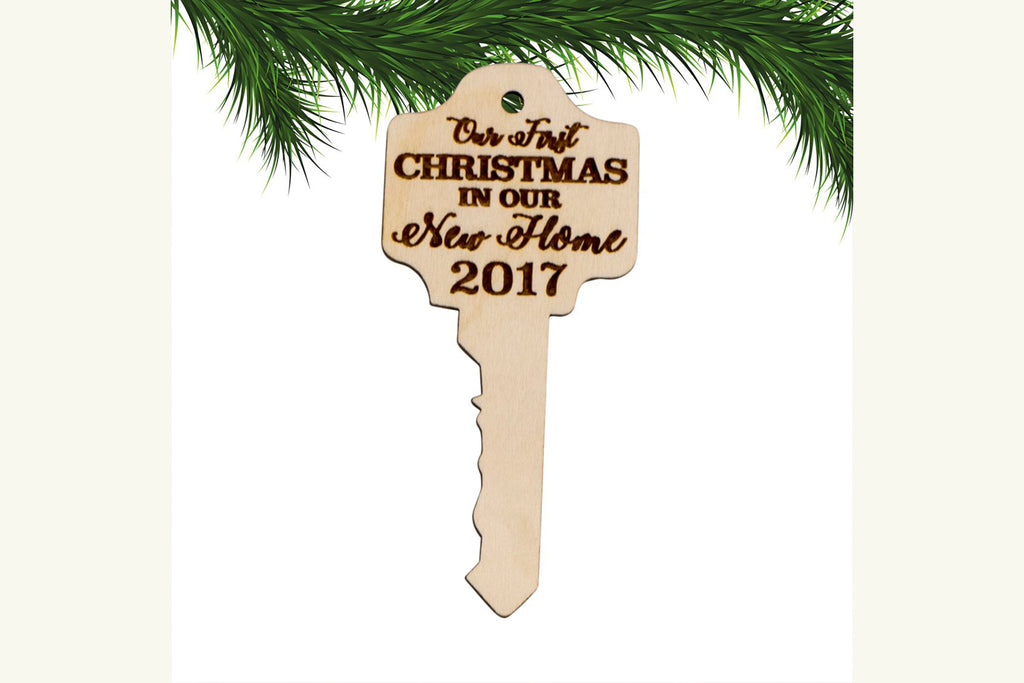 Christmas Ornament Engraved Wood - Our First Christmas in our New Home,  Personalized Key - Cades and Birch 