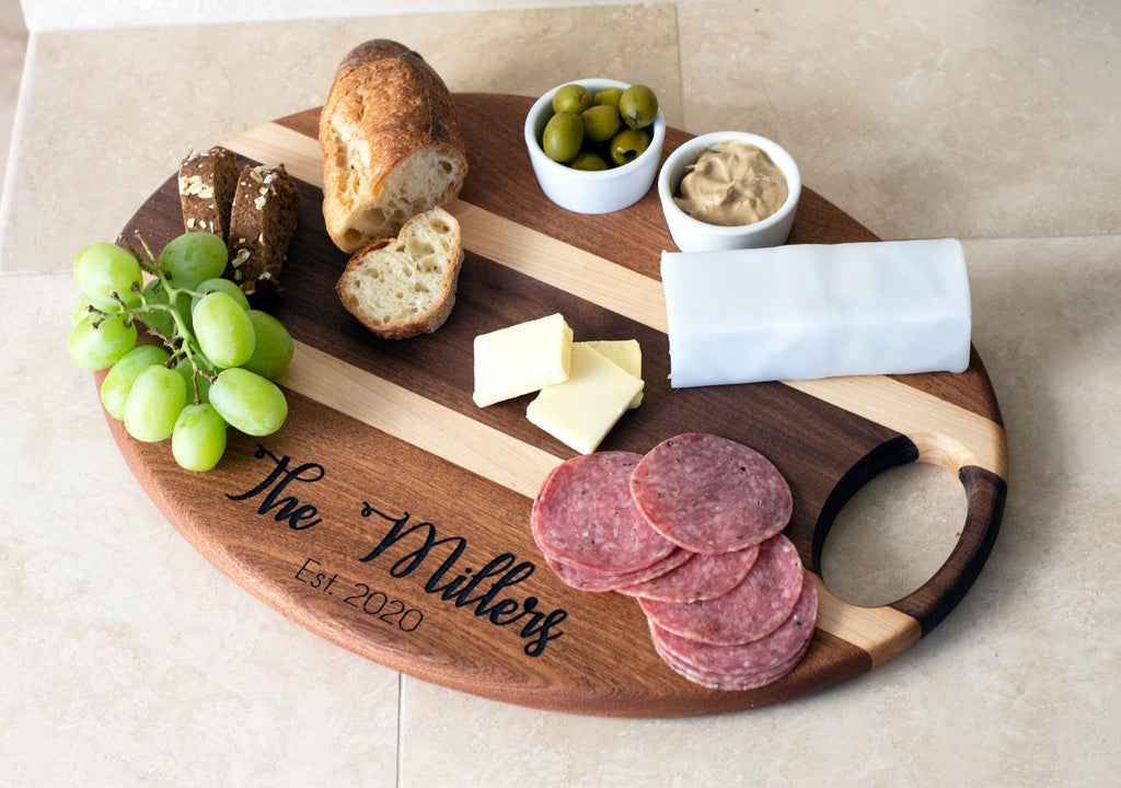 Handmade Hardwood Charcuterie / Cheese Board with 2 Ceramic Cups - Personalized Hexagon or Oval - Cades and Birch 