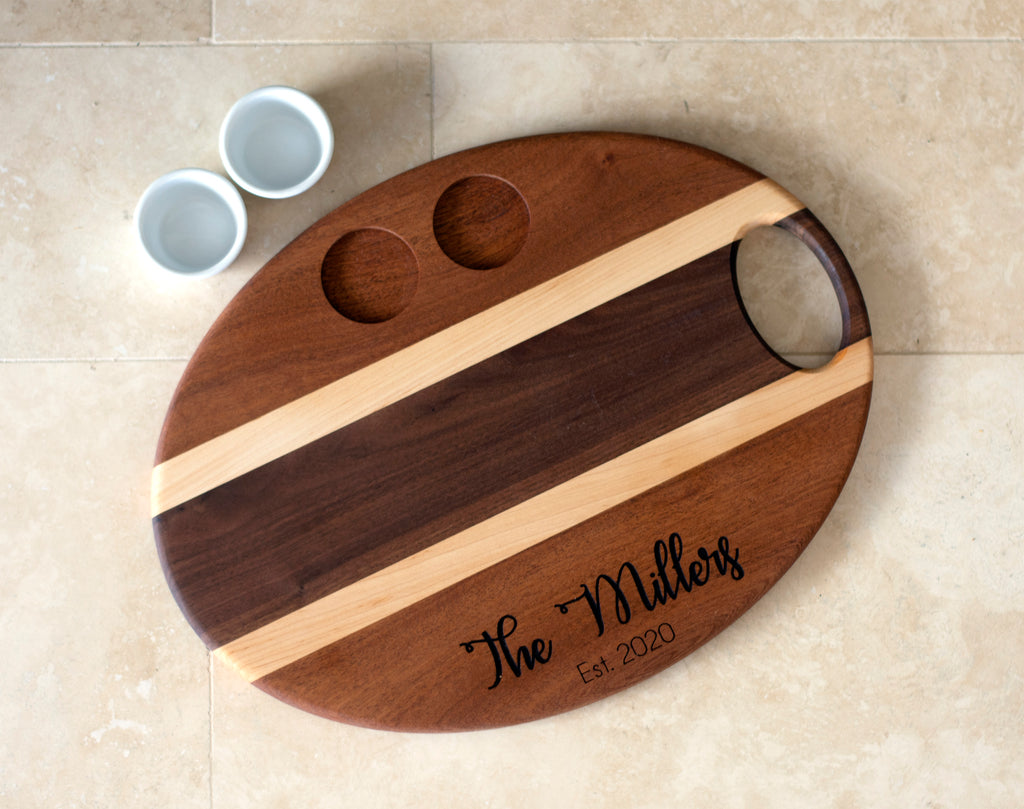 Handmade Hardwood Charcuterie / Cheese Board with 2 Ceramic Cups - Personalized Hexagon or Oval - Cades and Birch 