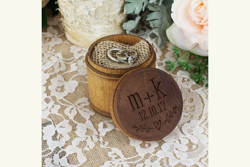 Engraved Wood Ring Bearer Pillow Box - Personalized Heart Initials and Date - Cades and Birch 