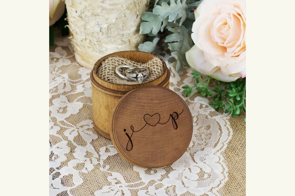 Engraved Ring Bearer Wood Pillow Box - Personalized Heart and Initials - Cades and Birch 