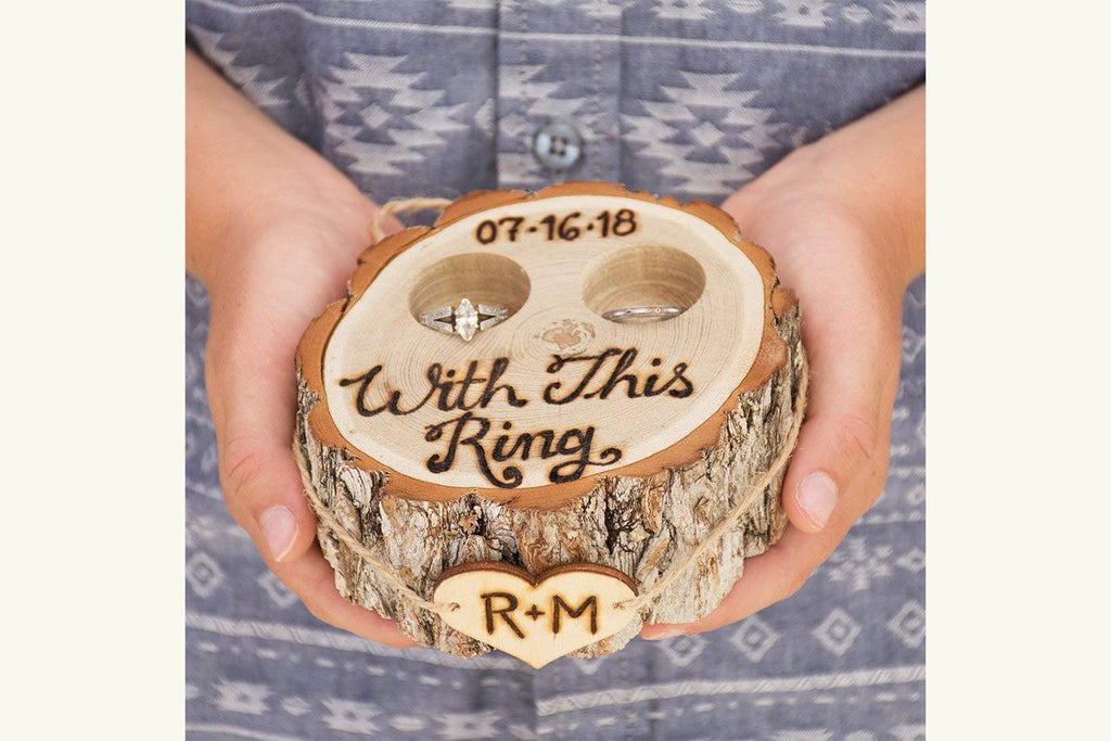 Rustic Tree Stump Ring Bearer Pillow Box - With This Ring, Personalized - Cades and Birch 