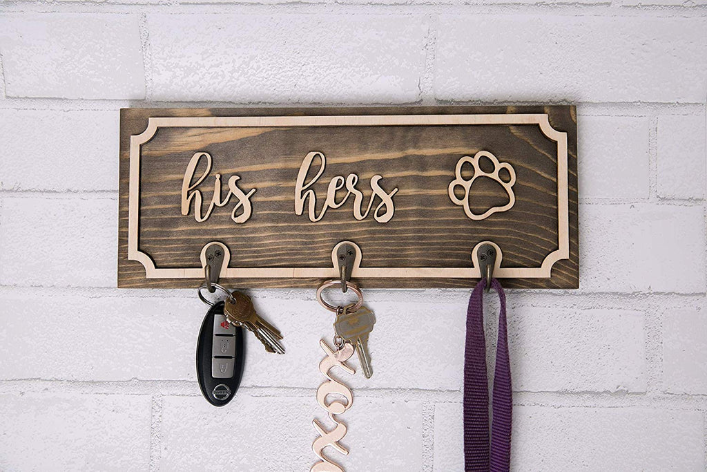 Handmade Wood Leash and Key Holder - Custom Personalized His and Hers, Pawprint - Cades and Birch 