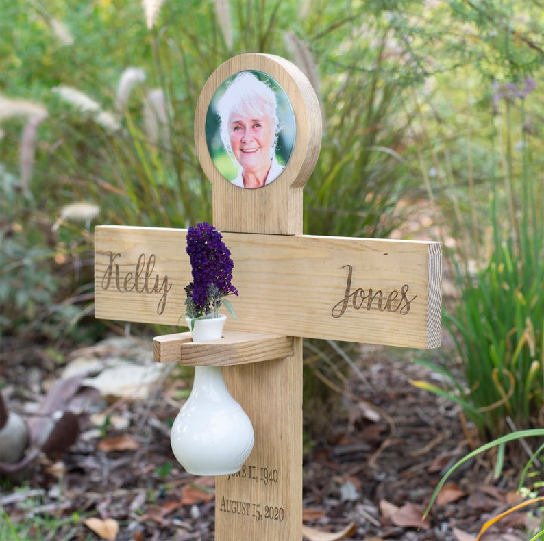 Memorial Cross with Flame-less Candle or Vase, Personalized for your Loved One - Cades and Birch 