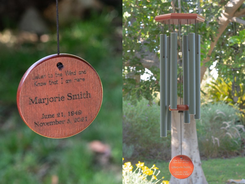 Memorial Wind Chimes | Personalized Name and Photo | Red Wood and Green Metal - Cades and Birch 