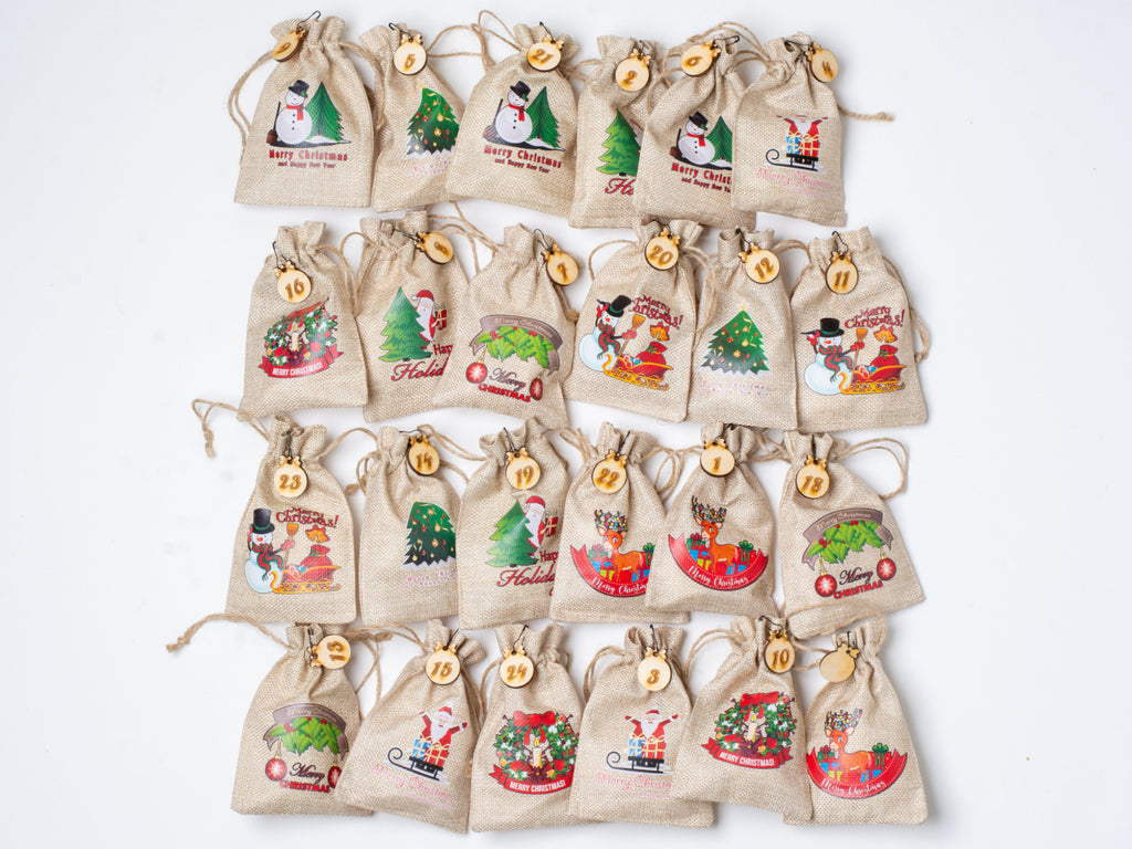 Personalized Coffee Advent Calendar – 24 Burlap Bags in Engraved Box – Christmas Countdown - Reusable every year!