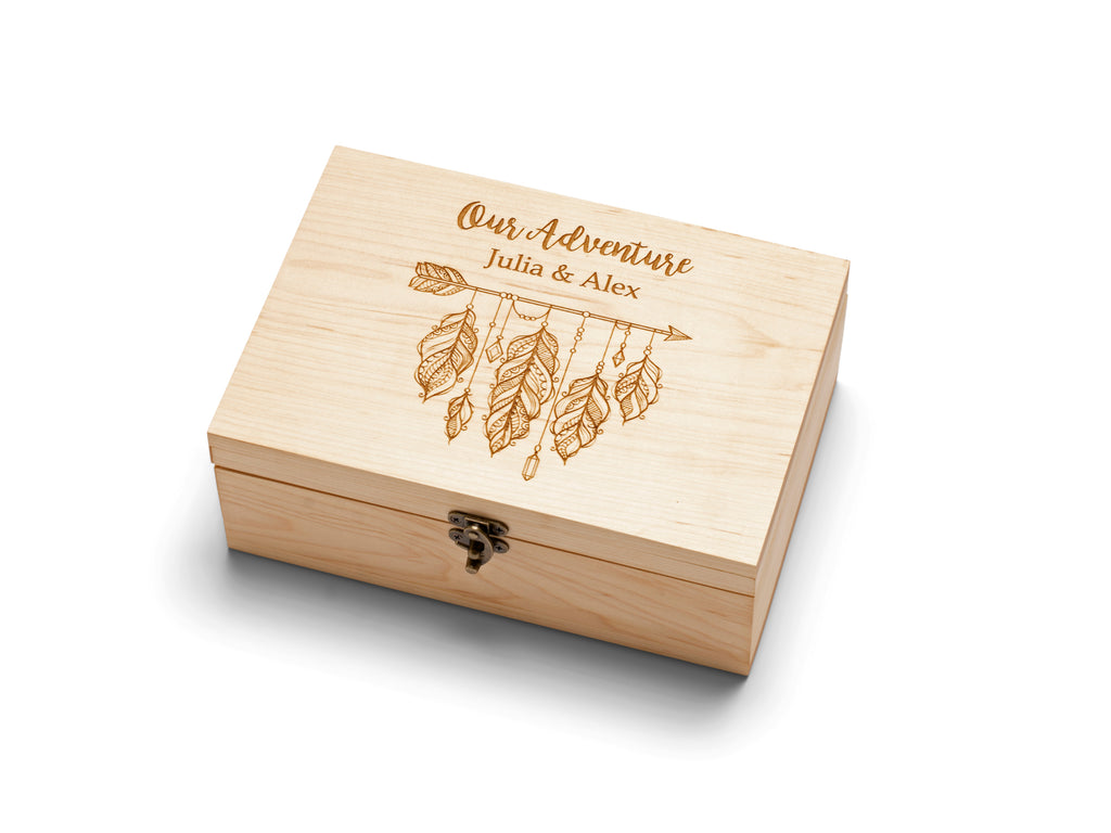 Handmade Keepsake Wood Memory Box | Personalized Text, Names Engraved | Boho Arrow Feathers