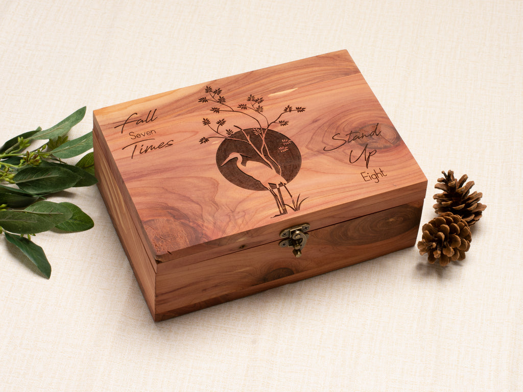Handmade Keepsake Wood Memory Box | Personalized Text or Name on Front | Fall Seven Times, Stand Up Eight