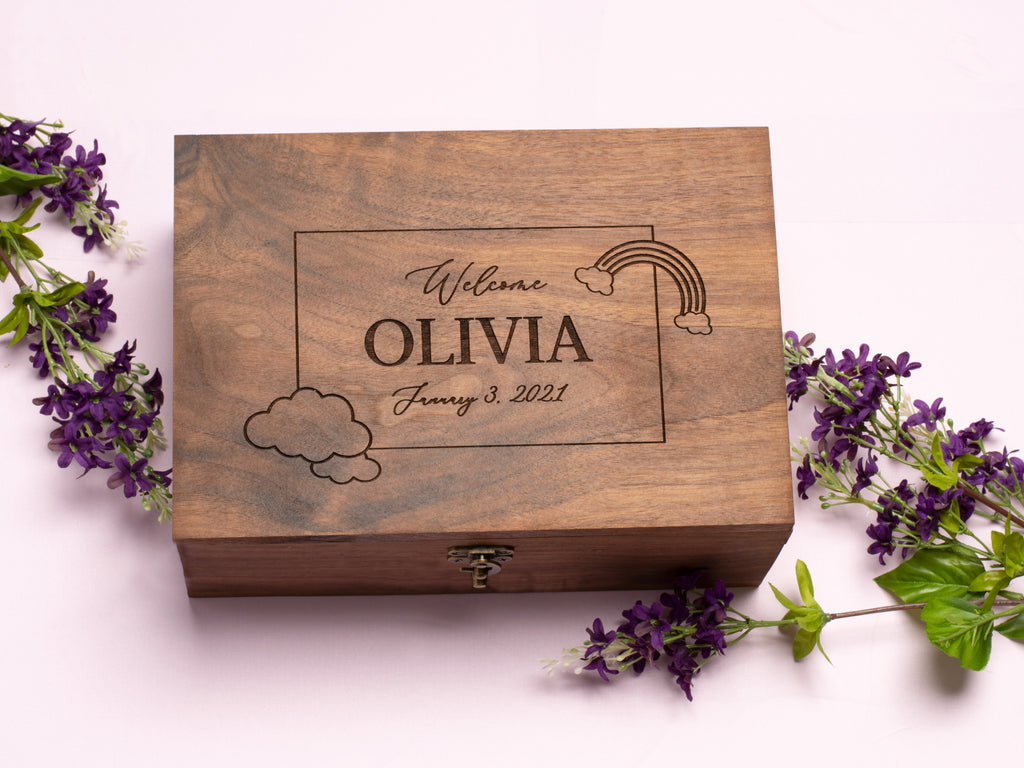 Handmade Baby Keepsake Wood Memory Box | Personalized Text or Name, Date | Rainbow or Hot Air Balloon