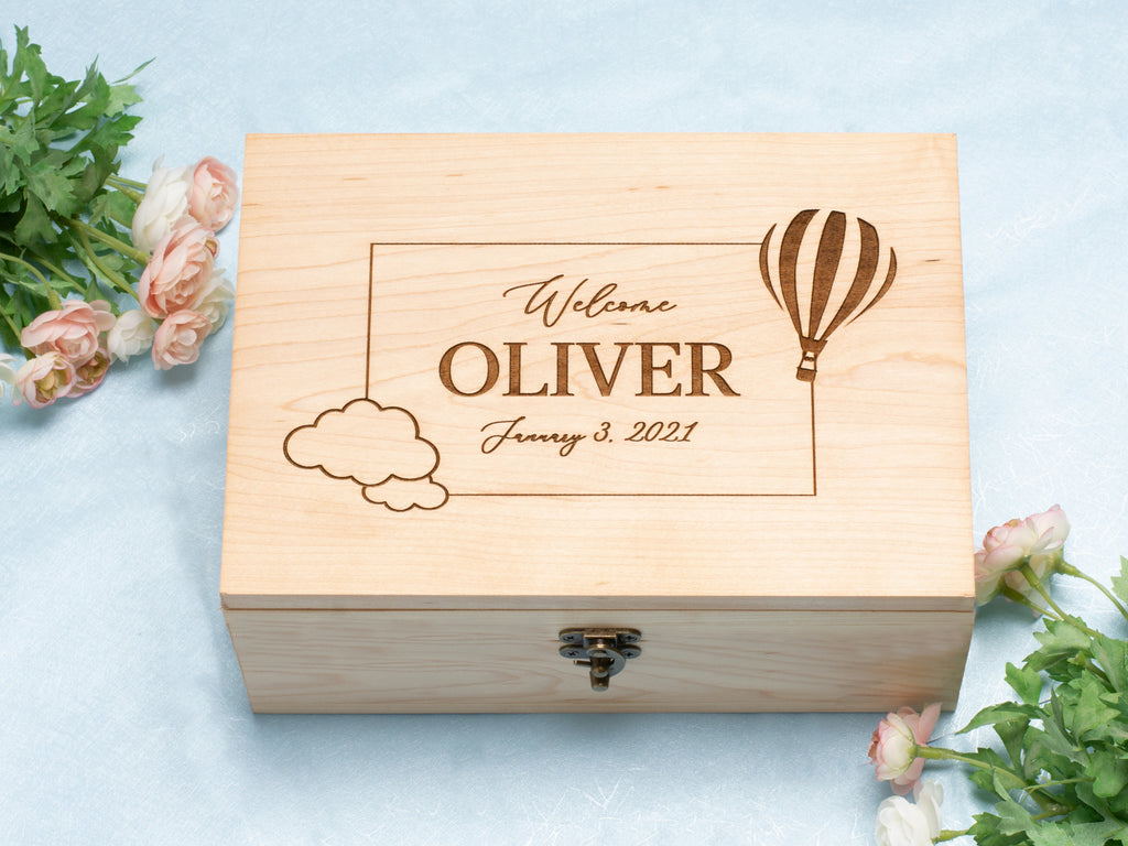 Handmade Baby Keepsake Wood Memory Box | Personalized Text or Name, Date | Rainbow or Hot Air Balloon