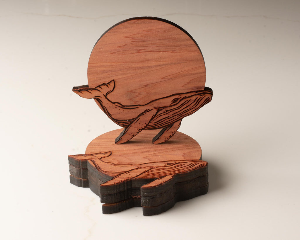 Humpback Whale Hardwood Coasters, Engraved Wood, Set of 4