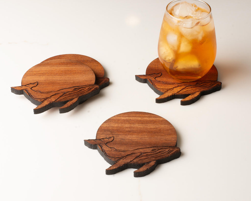 Humpback Whale Hardwood Coasters, Engraved Wood, Set of 4