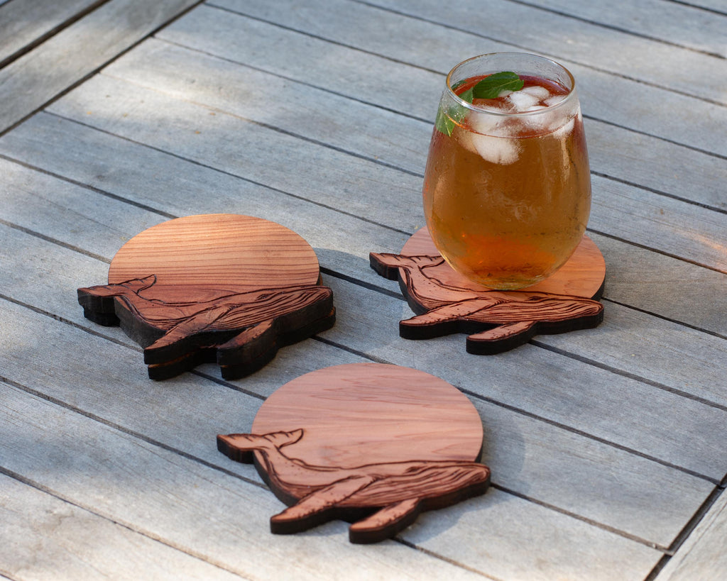 Humpback Whale Hardwood Coasters, Engraved Wood, Set of 4