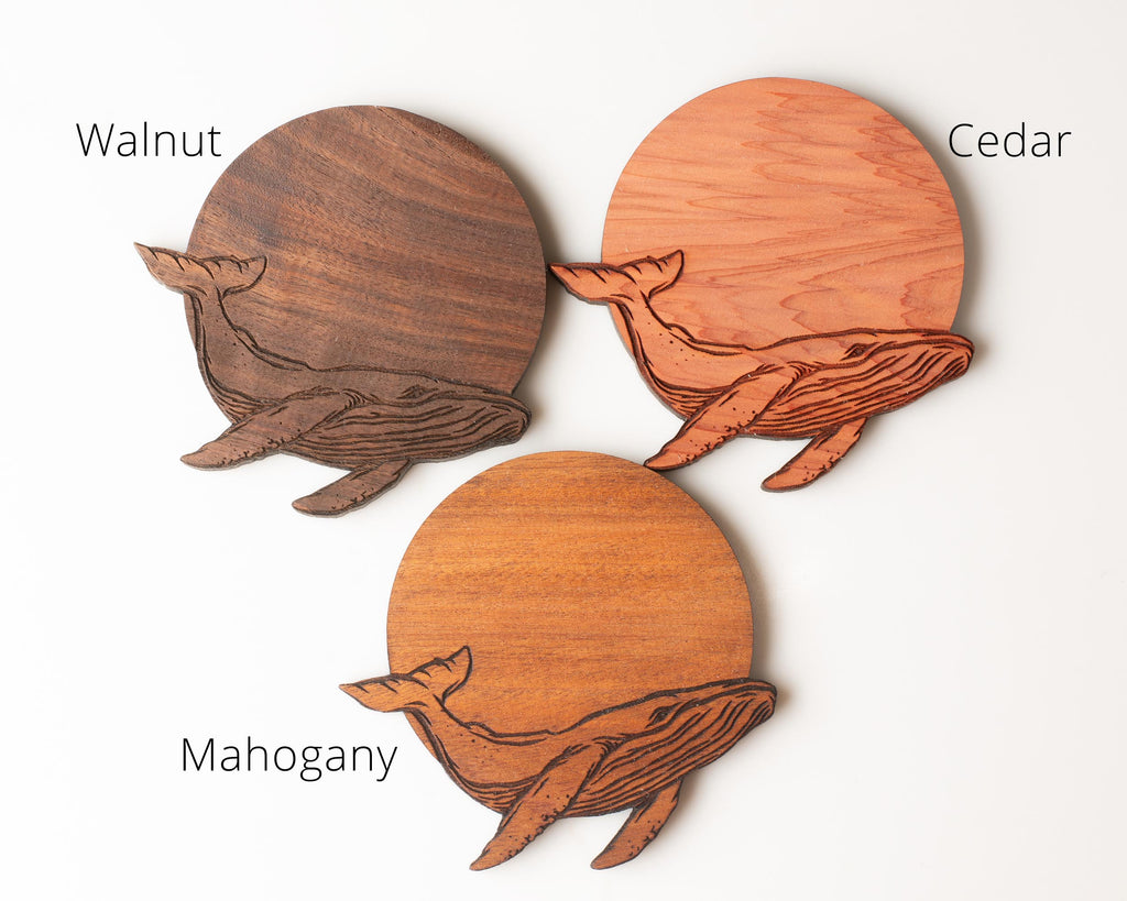 Humpback Whale Hardwood Coasters, Engraved Wood, Set of 4