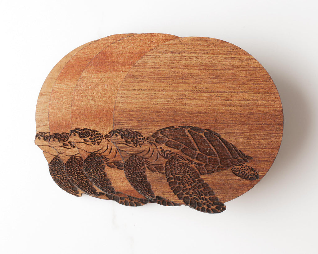 Turtle Hardwood Coasters, Engraved Wood, Set of 4