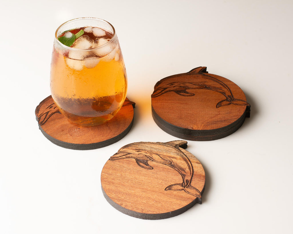 Dolphin Hardwood Coasters, Engraved Wood, Set of 4