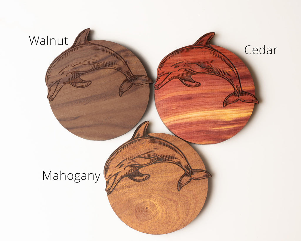 Dolphin Hardwood Coasters, Engraved Wood, Set of 4