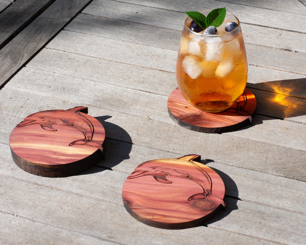 Dolphin Hardwood Coasters, Engraved Wood, Set of 4