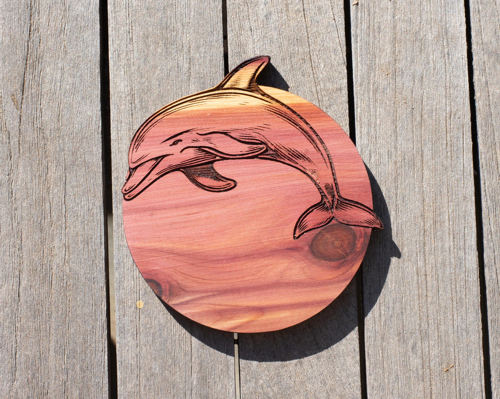 Dolphin Hardwood Coasters, Engraved Wood, Set of 4