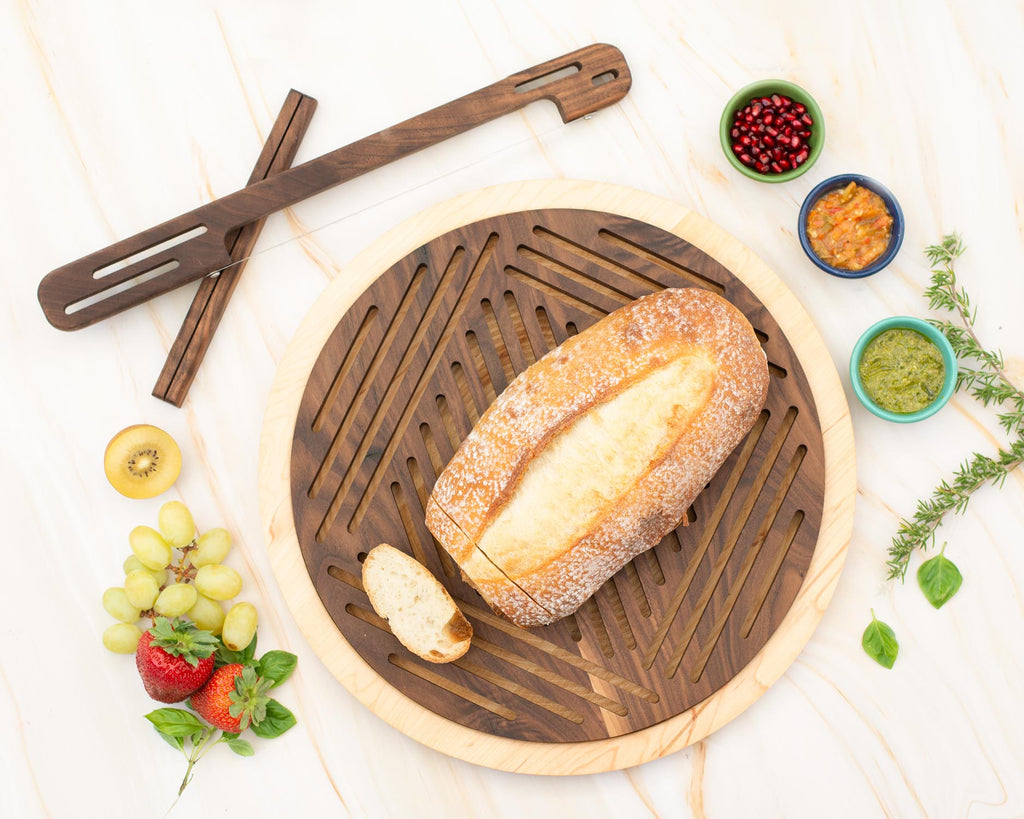 Bread Crumb Catcher, Charcuterie Board, Cutting Board | 3 in 1 Custom Round Hardwood Board with Knife | Walnut and Maple Wood