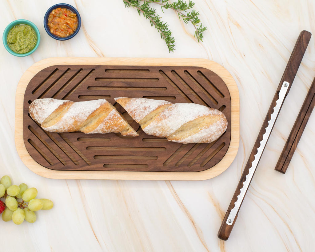 Bread Crumb Catcher, Charcuterie Board, Cutting Board | 3 in 1 Custom Rectangular Hardwood Board with Knife | Walnut and Maple Wood