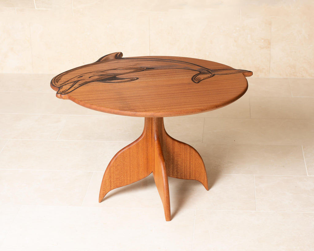 Dolphin Engraved Coffee Table | Round Hardwood Table | Artisan Handmade End Table