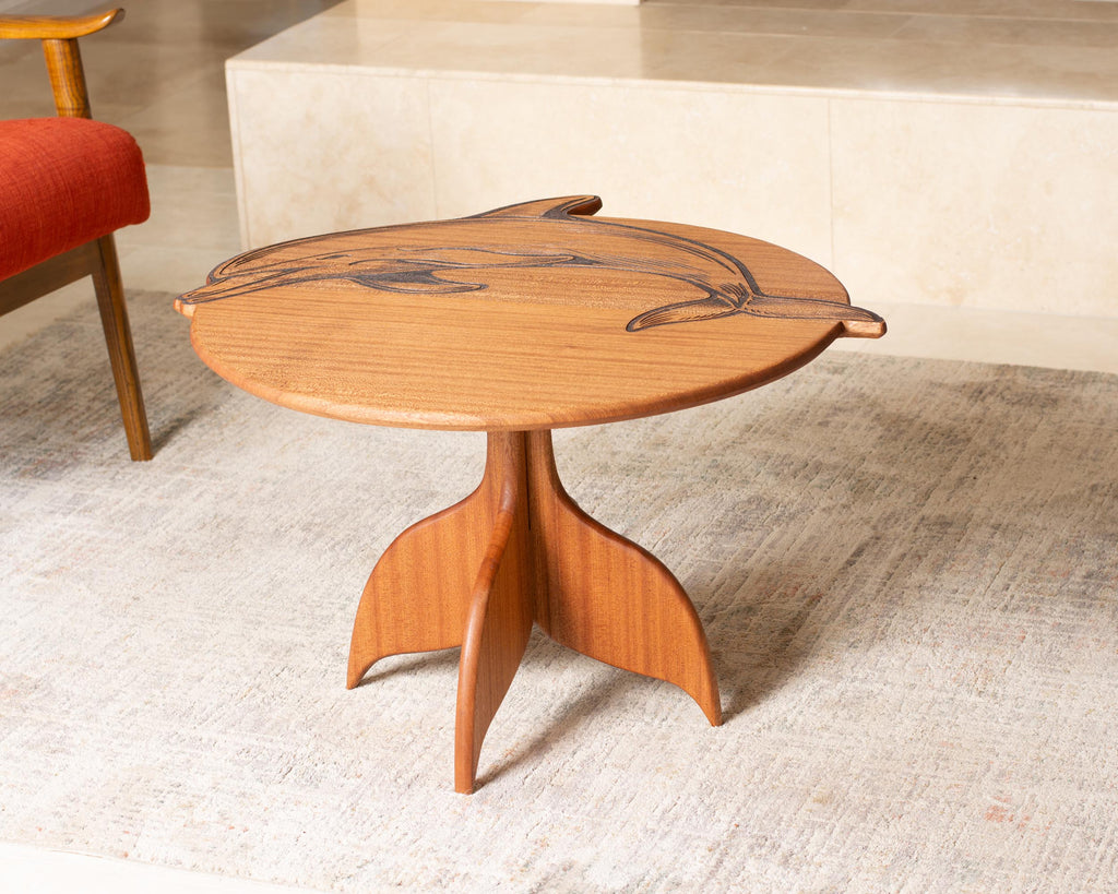 Dolphin Engraved Coffee Table | Round Hardwood Table | Artisan Handmade End Table