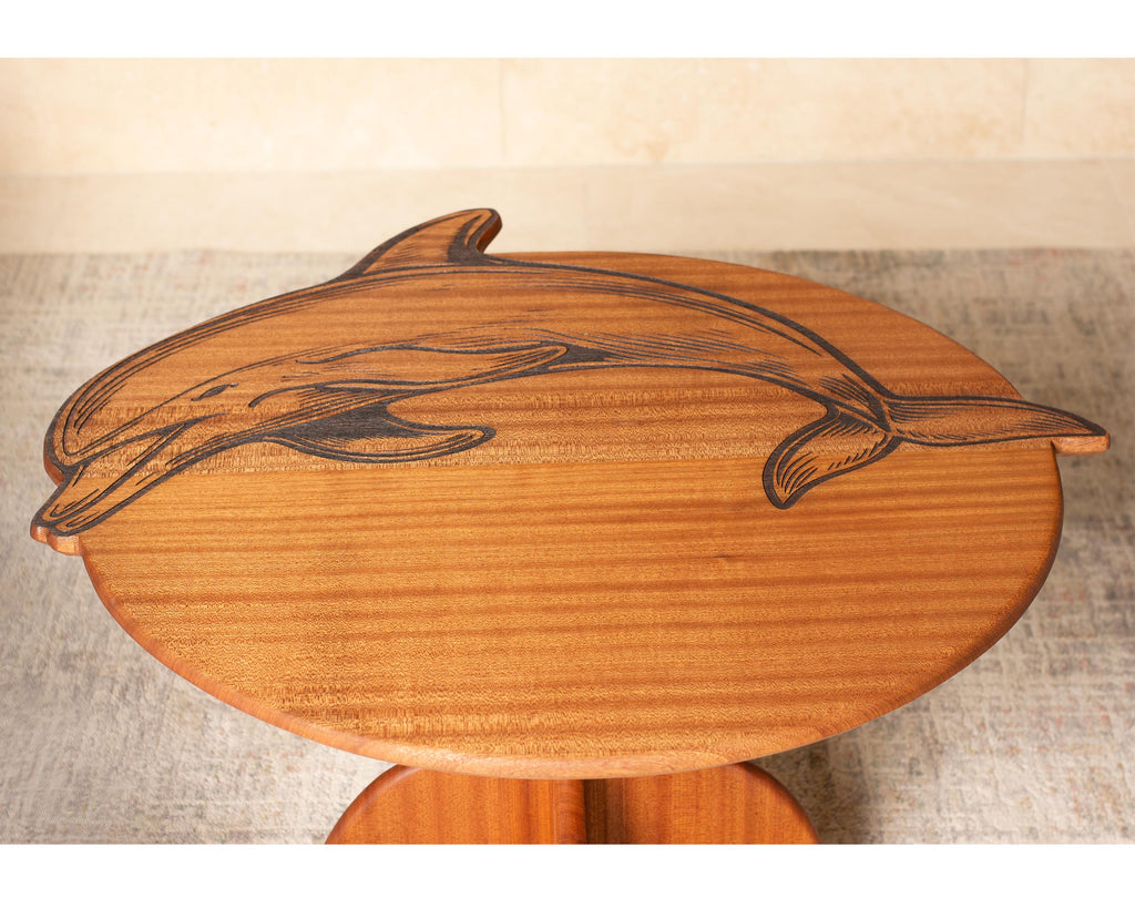 Dolphin Engraved Coffee Table | Round Hardwood Table | Artisan Handmade End Table