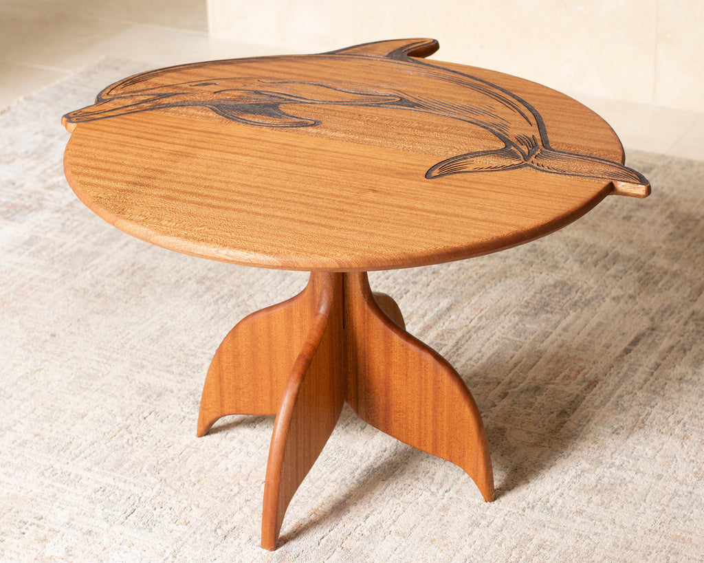 Dolphin Engraved Coffee Table | Round Hardwood Table | Artisan Handmade End Table