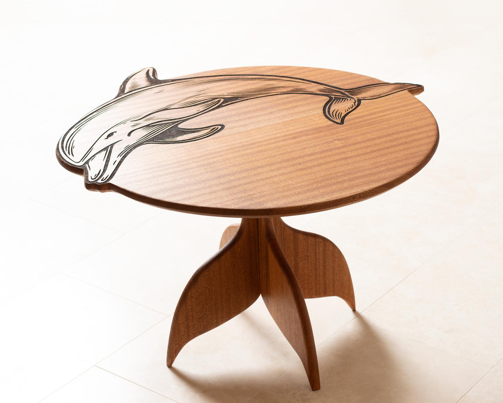 Dolphin Engraved Coffee Table | Round Hardwood Table | Artisan Handmade End Table